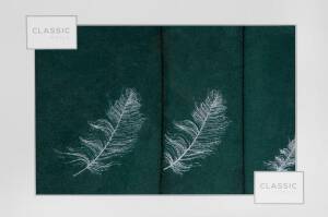Komplet ręczników w pudełku 3 szt zielony ciemny srebrny piórka 380g/m2 Nadia Eurofirany