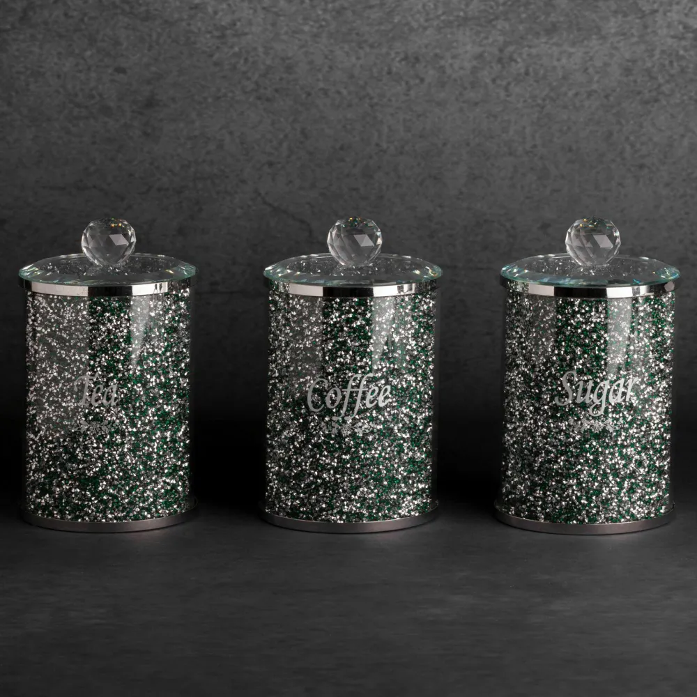Komplet pojemników Ventosa 3szt. 10x17 kawa herbata cukier zielony srebrny do przechowywania z kryształkami w stylu glamour Eurofirany