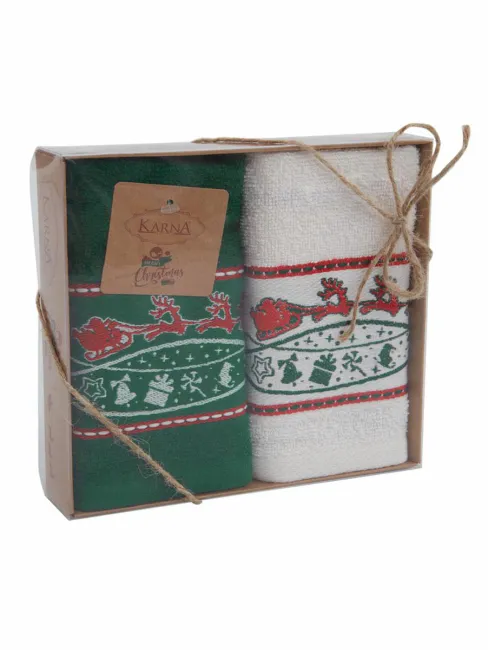 Komplet ręczników 30x50 Christmas 3574 V2 świąteczny 2 szt. biały zielony renifery bawełniany haftowany