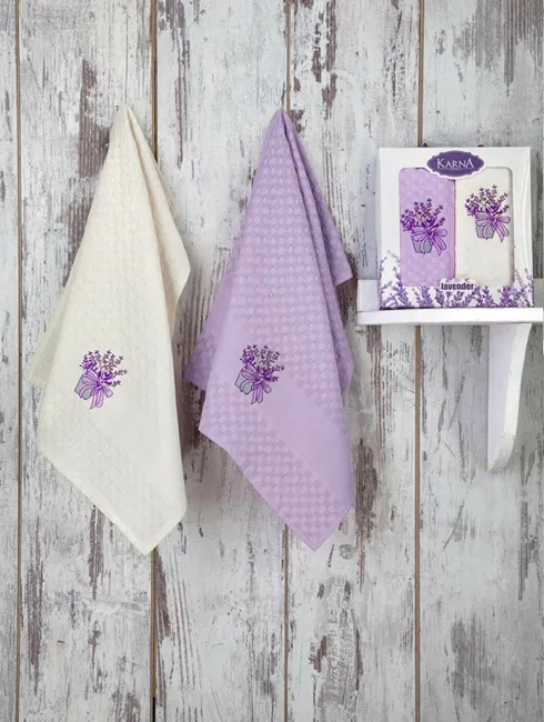 Komplet ręczników kuchennych Lavander 2szt waffel 45x65 haft kwiatki lawenda lililowy jasny kremowy bawełniany