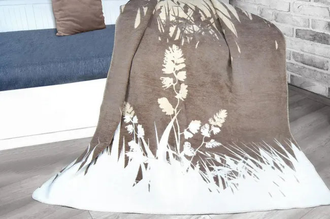 Koc bawełniany akrylowy 150x200 palmy liście przyroda Horizon beżowy ekri Glamour Greno