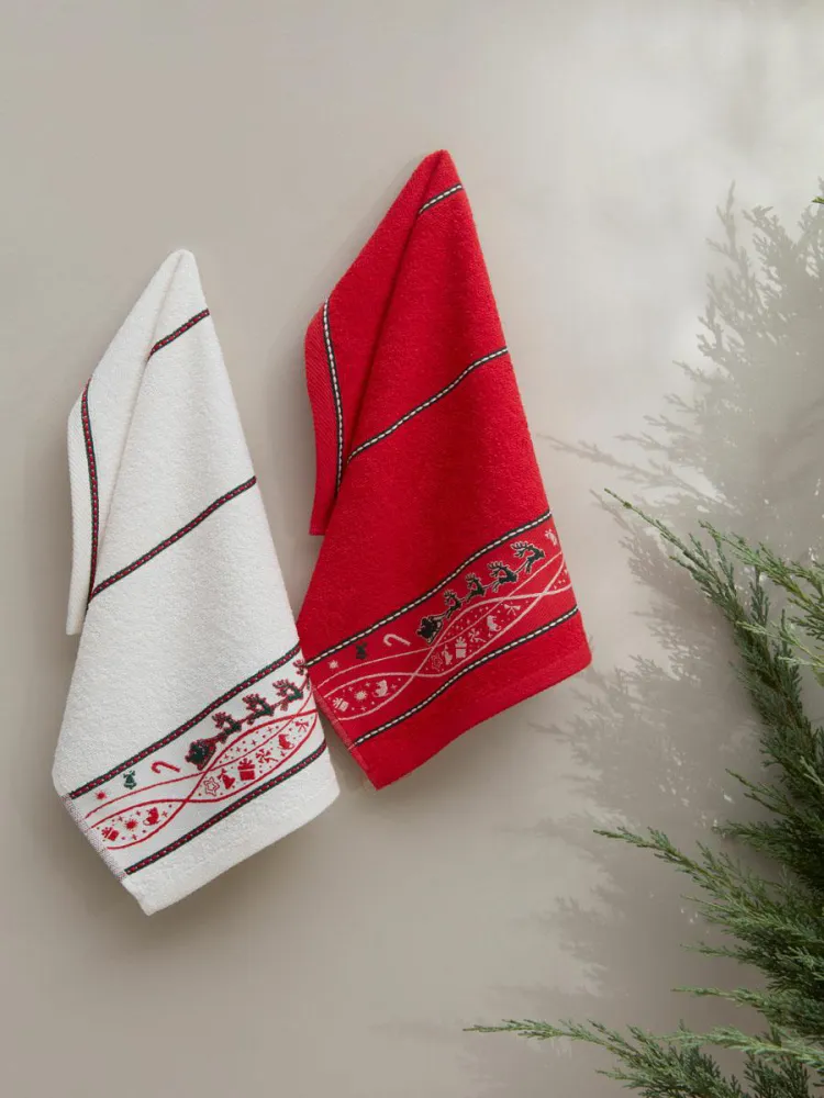 Komplet ręczników 30x50 Christmas 3574 V1 świateczny 2 szt. biały czerwony renifery bawełniany haftowany