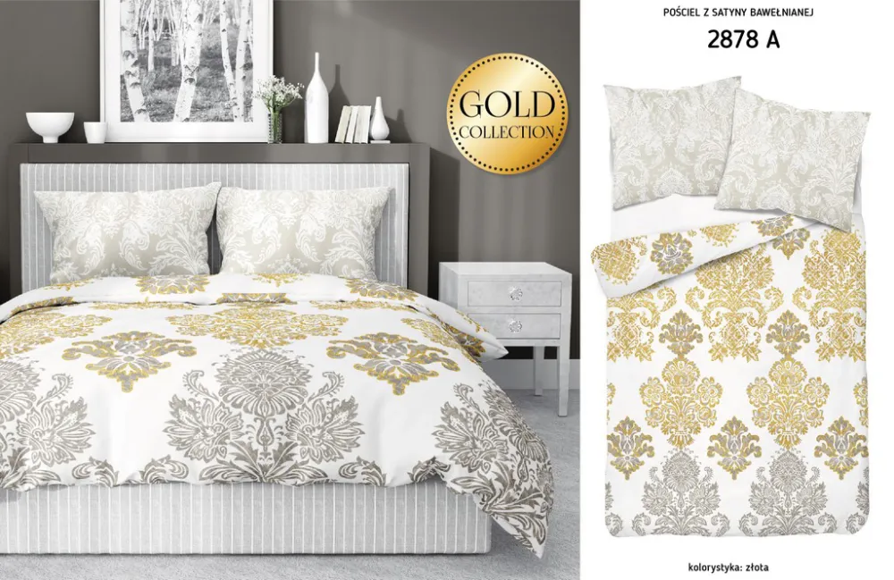 Pościel satynowa 160x200 Glamour orientalna ornamenty złota beżowa biała 2878 A Fashion Satin