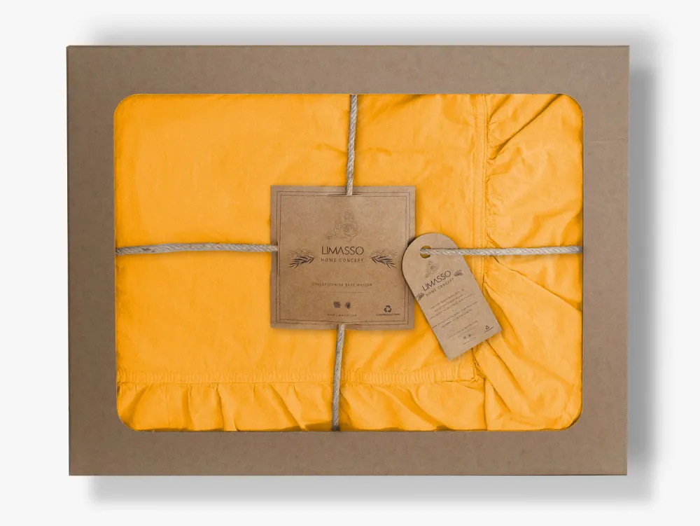 Pościel bawełniana 200x220 żółta          z falbanką jednobarwna w pudełku Stonewashed Limonade