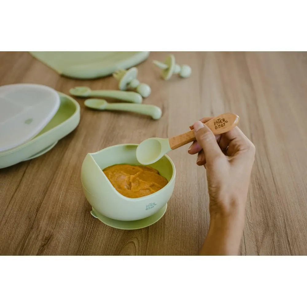 Miska z przyssawką + łyżka silikonowa     oliwkowa do nauki jedzenia