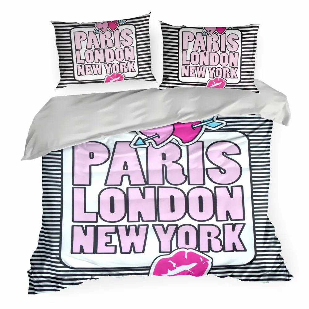 Pościel z mikrowłókna 160x200 Colet Paris London New York młodzieżowa biała różowa czarna pasy