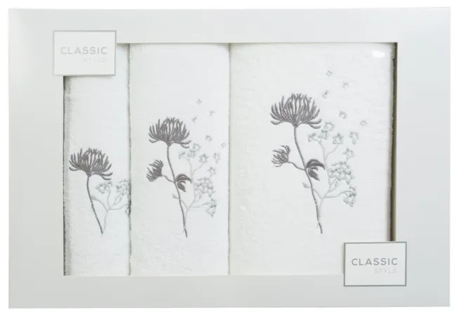 Komplet ręczników w pudełku 3 szt biały grafitowy kwiat gałązka Delion 380g/m2 Eurofirany