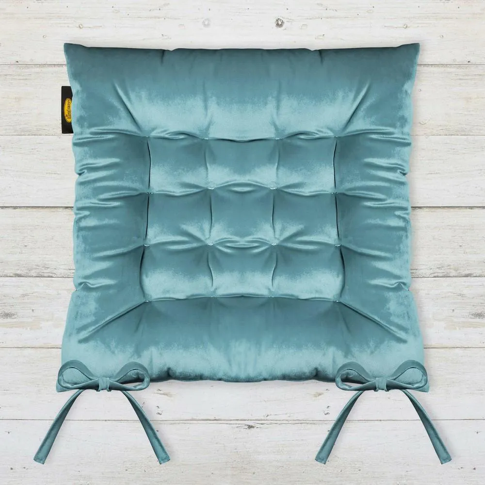 Poduszka siedzisko 40x40x8 Velvet na krzesło morska welwetowa z wiązaniem dekoracyjna Eurofirany