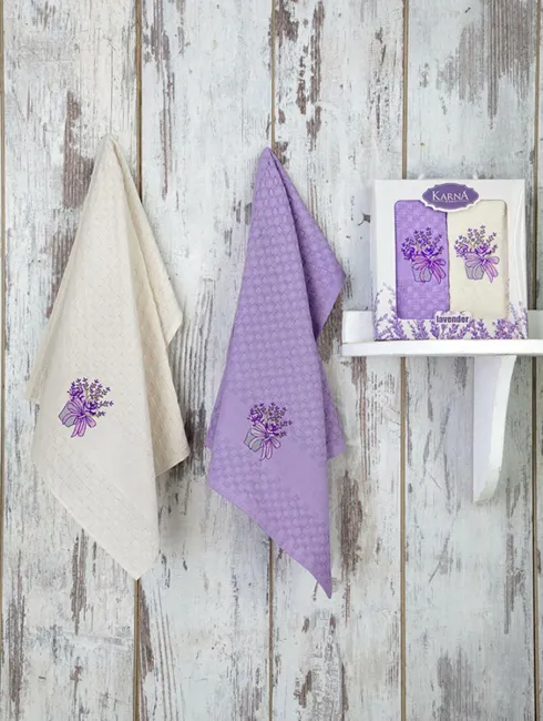 Komplet ręczników kuchennych Lavander 2szt waffel 45x65 haft kwiatki lawenda lililowy ciemny kremowy bawełniany