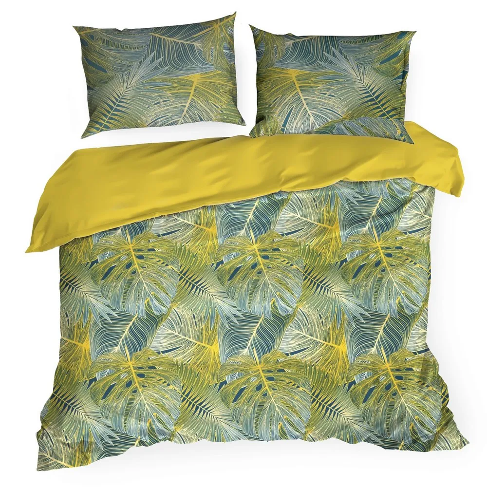 Pościel satynowa 160x200 Liście palmy monstery egzotyczna zielona turkusowa żółta Melania Eurofirany