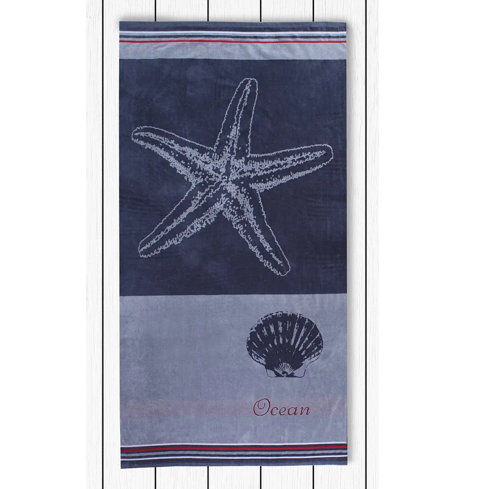 Ręcznik plażowy 90x180 Greyocean 0418 Szary granatowy muszla rozgwiazda pasy białe szare czerwone