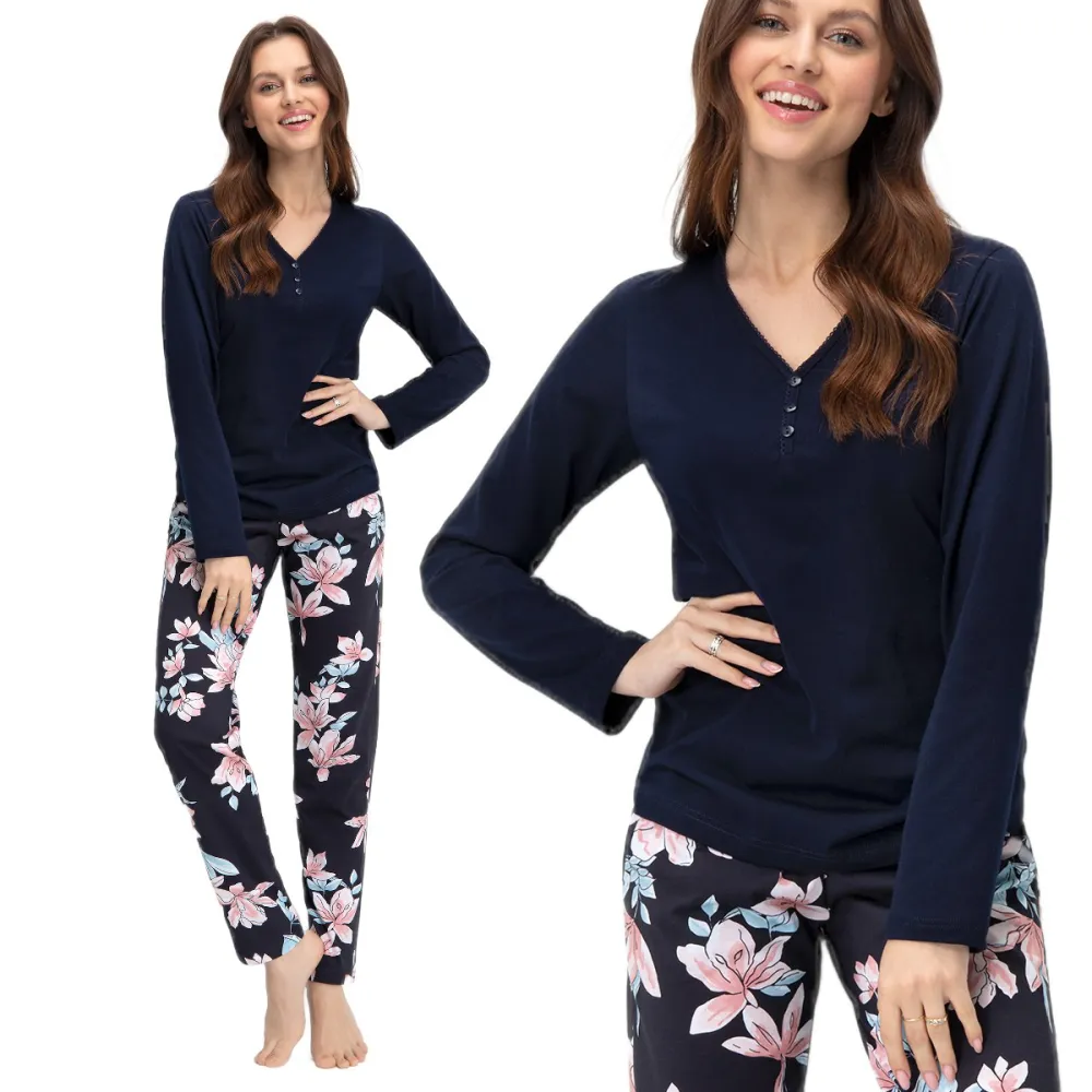Piżama damska  661 granatowa spodnie  w kwiaty magnolii rozmiar: L