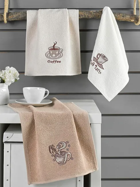 Komplet ręczników kuchennych Coffe Prima 3szt 30x50 haft Filiżanka kawy 3217/V1 kremowy beżowy bawełniany