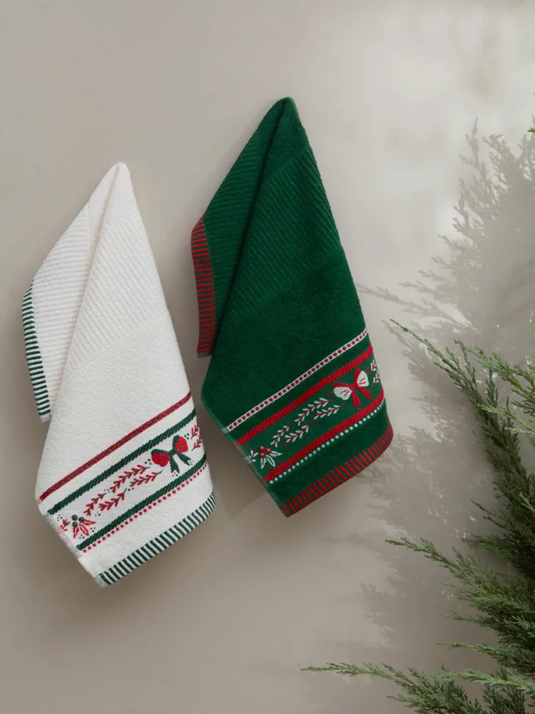 Komplet ręczników 30x50 Christmas 3574 V4 świąteczny 2 szt. biały zielony kokardki bawełniany haftowany