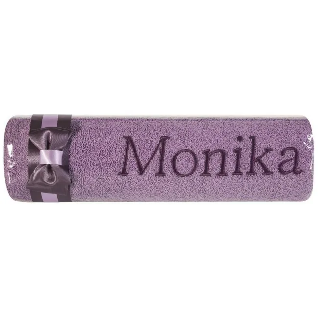 Ręcznik z haftem 50x90 Monika fioletowy wrzosowa kokarda na prezent imieninowy