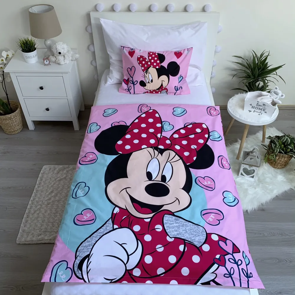 Pościel bawełniana 100x135 Myszka Mini 7950 Minnie Mouse różowa serduszka do łóżeczka dziecięca poszewka 40x60