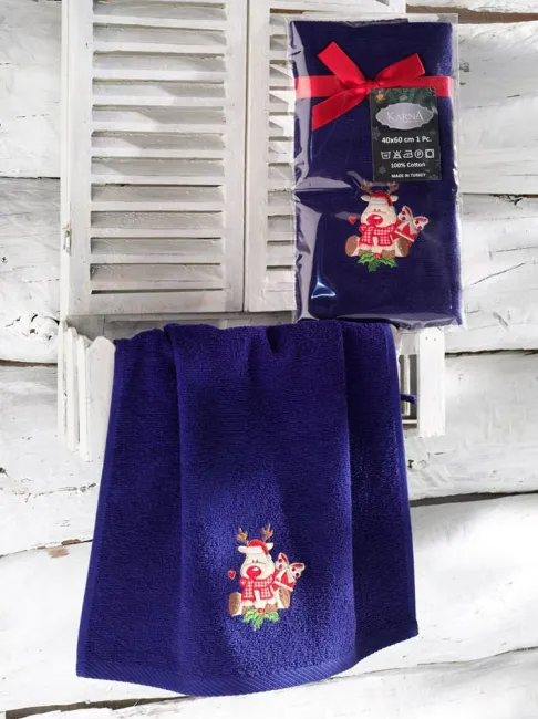 Ręcznik kuchenny świąteczny 40x60 Noel granatowy renifer haftowany