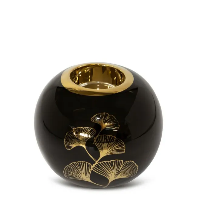 Świecznik ceramiczny 10x9 Ginko 1 czarny złoty liście miłorzębu Eurofirany