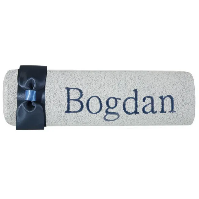 Ręcznik z haftem 50x90 Bogdan niebieski granatowa  kokarda na prezent imieninowy