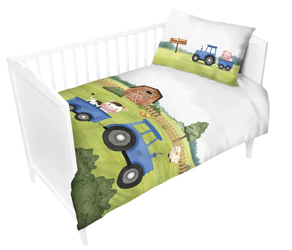 Pościel bawełniana 90x120 Traktor niebieski 3286 B Farma szara dziecięca do łóżeczka poszewka 40x60
