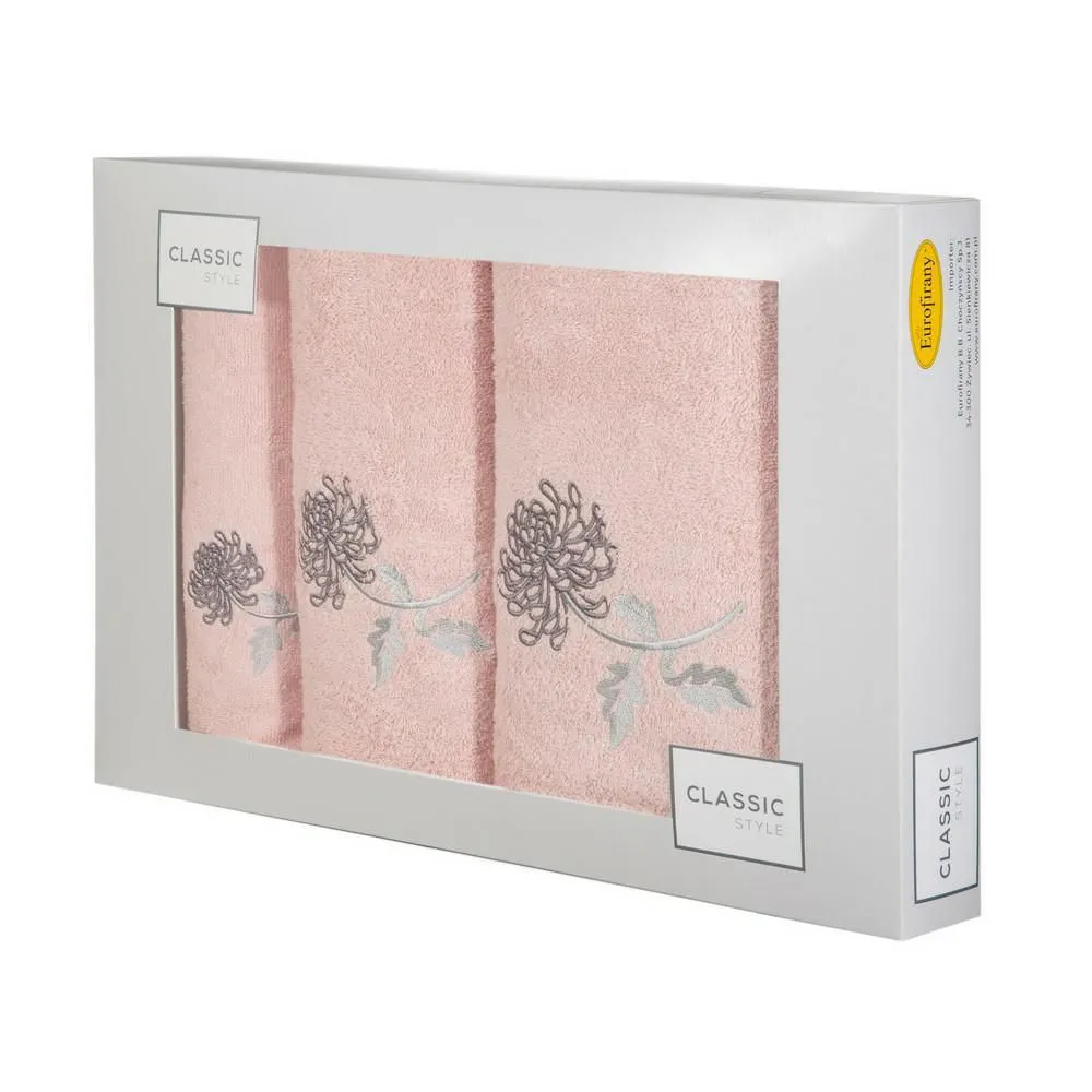 Komplet ręczników w pudełku 3 szt Floris pudrowy grafitowy kwiaty 380g/m2 Eurofirany