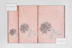 Komplet ręczników w pudełku 3 szt Floris pudrowy grafitowy kwiaty 380g/m2 Eurofirany