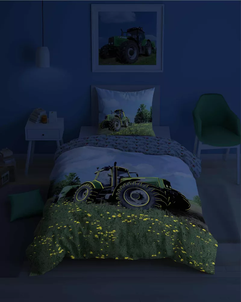 Pościel świecąca w ciemności 160x200  Traktor niebieska zielona 2639 C Fluo 76