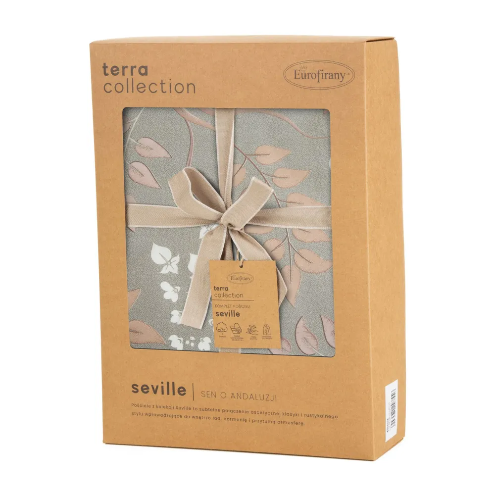 Pościel bawełniana 220x200 Seville 3 oliwkowa morelowa liście w pudełku Terra Collection Eurofirany