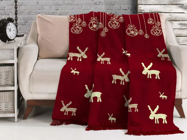 Koc bawełniany akrylowy 150x200 Y971 świąteczny Merry Christmas Renifery czerwony ekrii