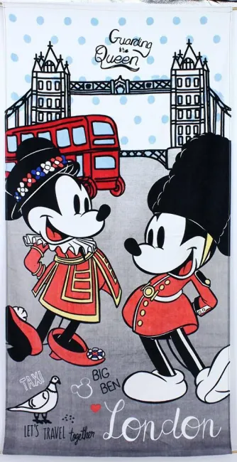 Ręcznik plażowy 70x140 Myszka Mini i Miki London Minnie Mickey Mouse Big Ben Myszki Londyn czerwony autobus dzieciecy 360g/m2 3514