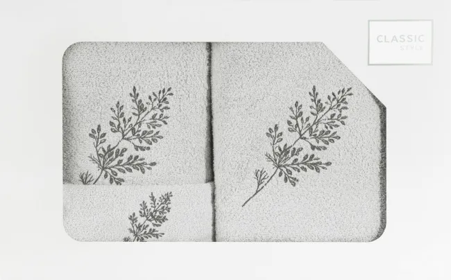 Komplet ręczników w pudełku 3 szt srebrny grafitowy kwiatki 380g/m2 Kamil Eurofirany