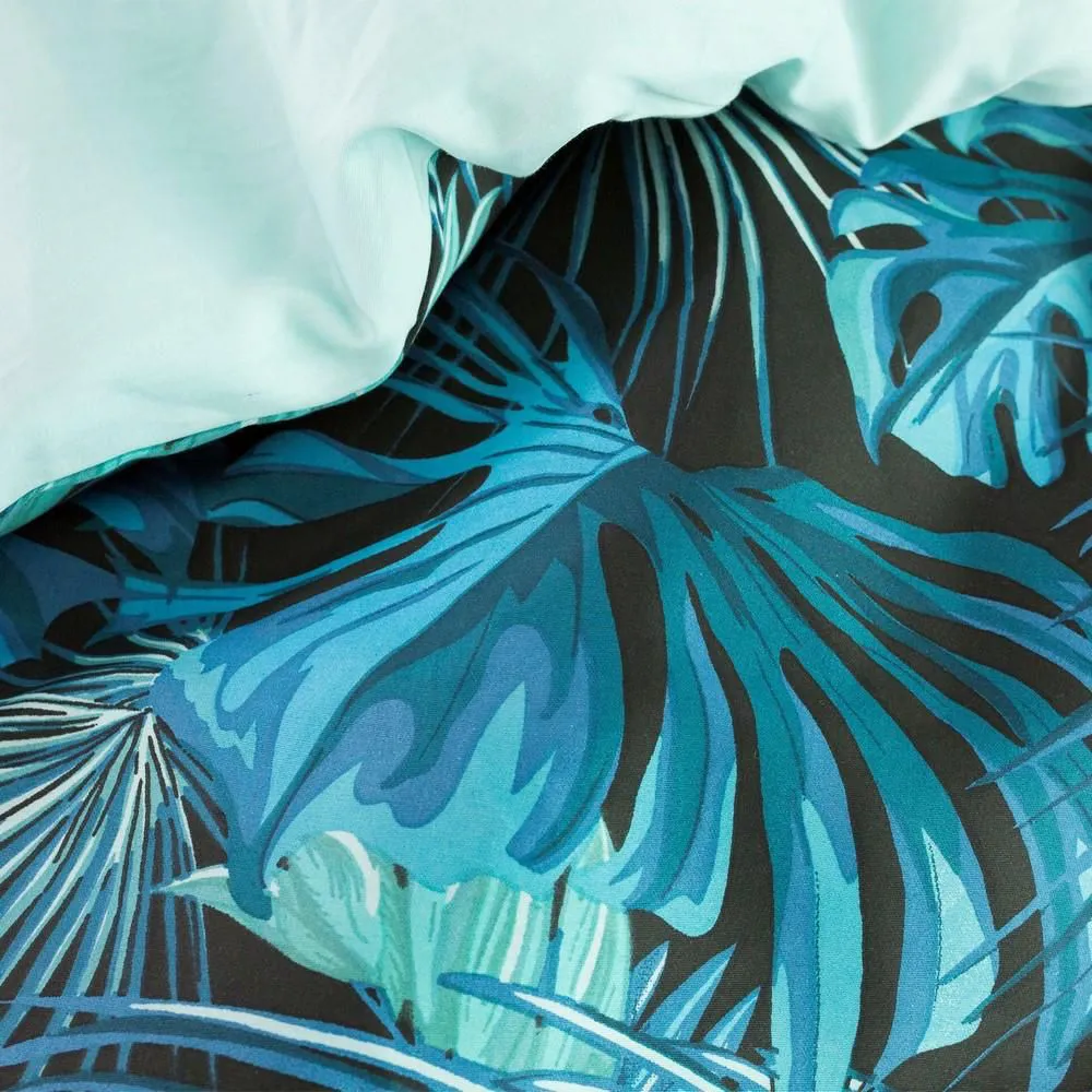 Pościel satynowa 160x200 Liście palmy monstery egzotyczna niebieska turkusowa czarna miętowa Liz Eurofirany