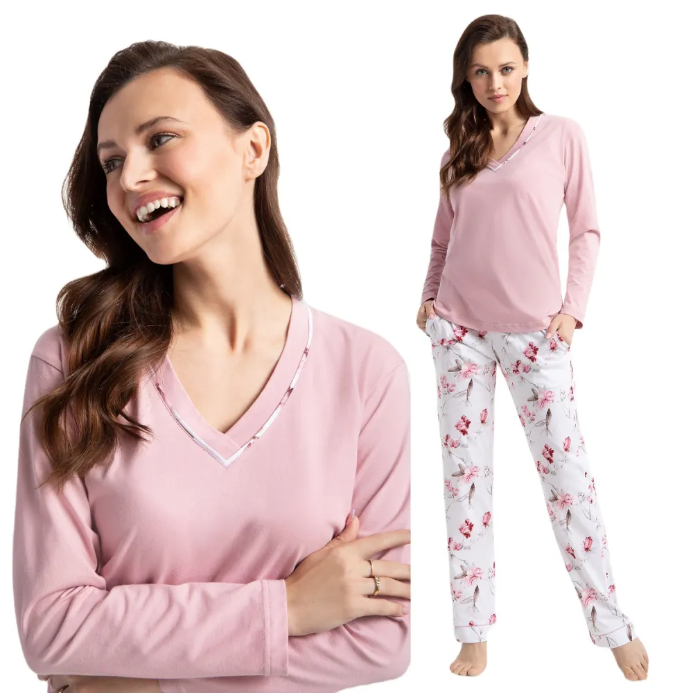 Piżama damska długa 675 pudrowa różowa    biała różowa kwiaty rozmiar: 3XL