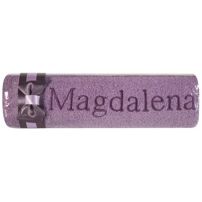 Ręcznik z haftem 50x90 Magdalena fioletowy wrzosowa kokarda na prezent imieninowy