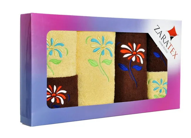 Komplet ręczników w pudełku 6 szt kwiaty Rumianek brązowy ciemny żółty po 2 szt. 30x50, 50x90, 70x140 400g/m2