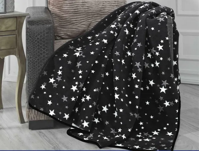 Koc bawełniany akrylowy 150x200 czarny biały gwiazdki 18143A