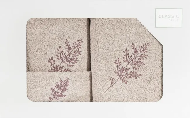 Komplet ręczników 3 szt liście gałązki pudrowy różowy lililowy 380g/m2 Kamil Eurofirany