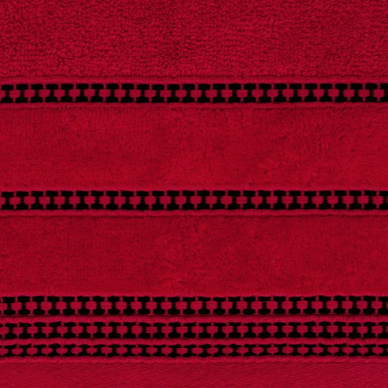 Ręcznik 50x90 Amanda czerwony z ozdobną welurową bordiurą w pasy frotte 500 g/m2 Eurofirany