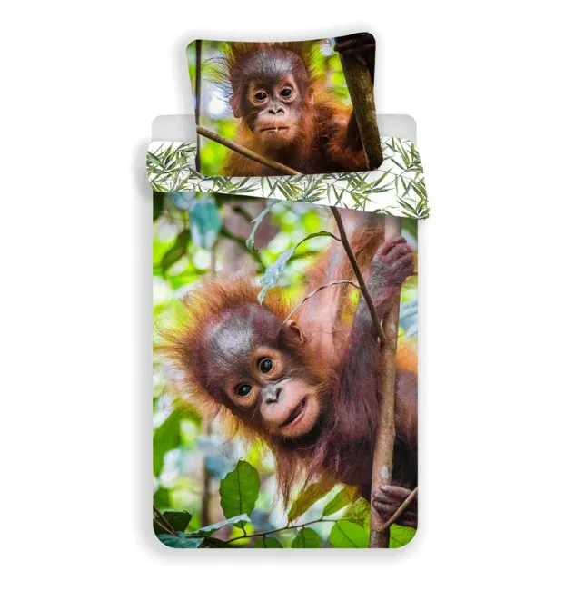 Pościel bawełniana 140x200 Orangutan 7257 wesoła małpka liście palmy poszewka 70x90
