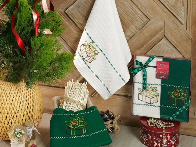 Komplet ścierek kuchennych 2x40x60 Happy świąteczny zielony biały prezent haftowany