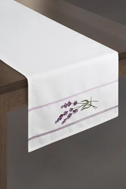 Obrus dekoracyjny 40x140 Rebeca biały fioletowy haftowany lawenda Eurofirany