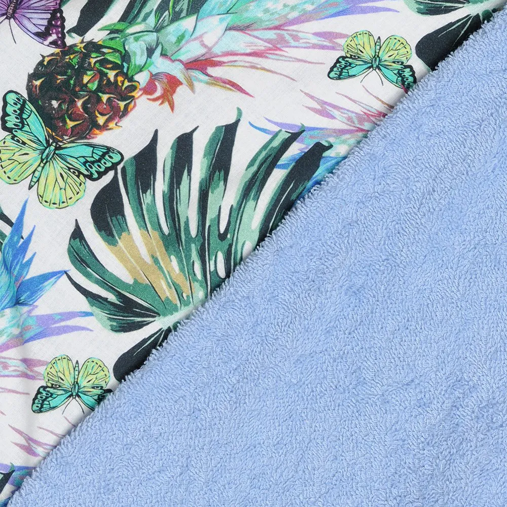 Kąpielowe okrycie niemowlęce 100x100 niebieskie liście z motylkami ręcznik z kapturkiem Maxi Print