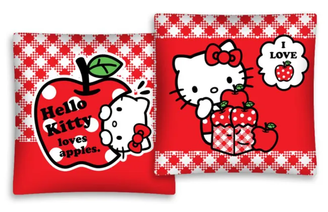 Poszewka bawełniana 40x40 Hello Kitty Loves apples czerwone jabłka szachownica