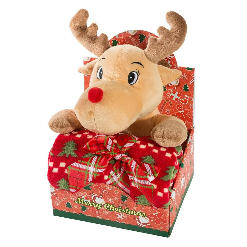 Komplet koc świąteczny 75x90 Gift 3 + zabawka pluszak renifer Eurofirany
