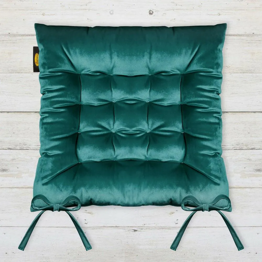 Poduszka siedzisko 40x40x8 Velvet na krzesło zielona ciemna welwetowa z wiązaniem dekoracyjna Eurofirany