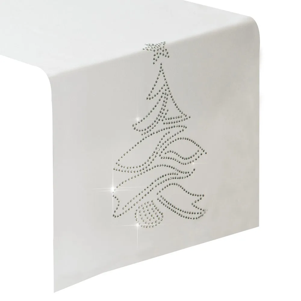Obrus świąteczny 40x180 Angie biały choinka srebrne cyrkonie Eurofirany