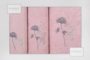 Komplet ręczników w pudełku 3 szt pudrowy grafitowy kwiat gałązka Delion 380g/m2 Eurofirany