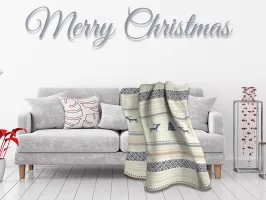 Koc bawełniany akrylowy 150x200 15217 A świąteczny Merry Christmas renifery choinki kremowy beżowy szary