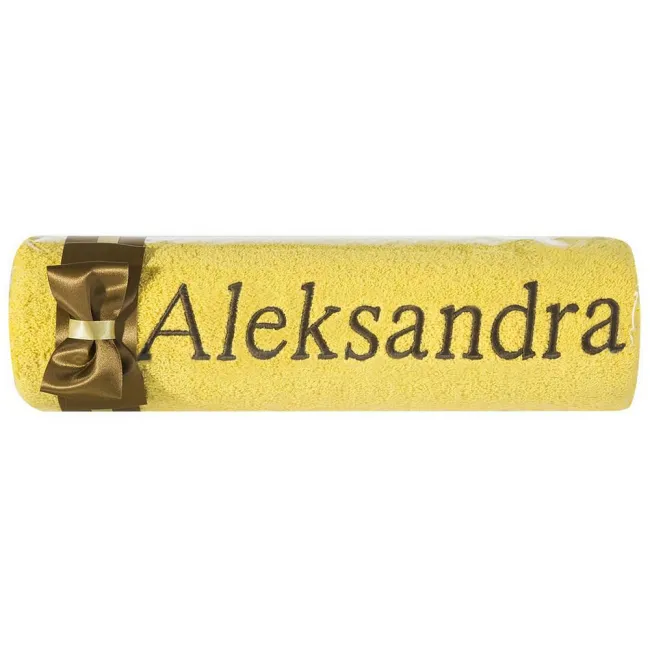 Ręcznik z haftem 50x90 Aleksandra żółty brązowa kokarda na prezent imieninowy