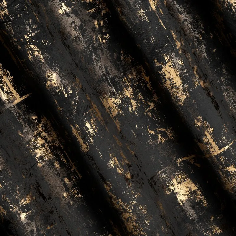 Zasłona 140x250 Tonia czarna ze złotym    nadrukiem welurowa gotowa na przelotkach Eurofirany